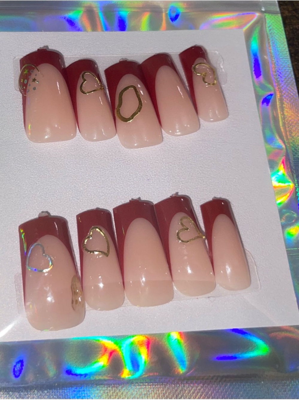 Nude & Burgundy Heart Accent Press-On Nails